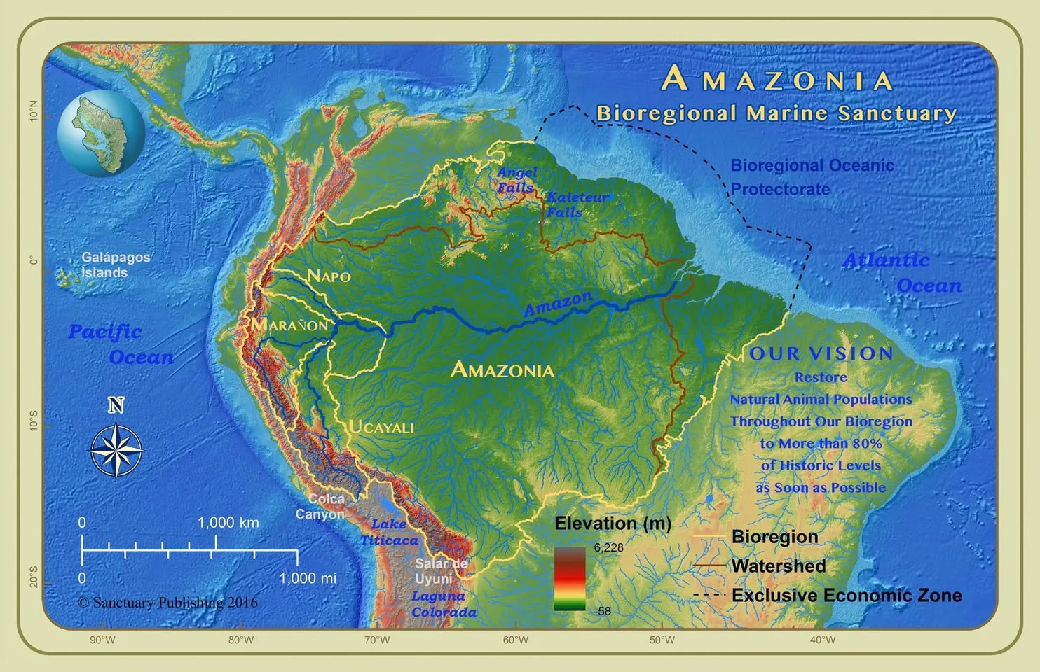 Relief map of the Amazonia Bioregional Marine Sanctuary showing the Amazon basin, its rivers and boundaries, with a vision to restore animal populations to over 80% of historic levels.