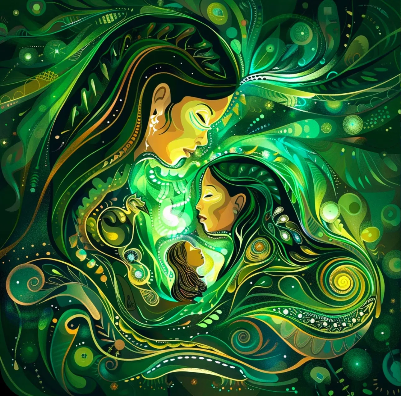 Farbenprächtige Illustration in Grün- und Goldtönen: Eine Frau mit geschlossenen Augen umfängt eine jüngere Frau und ein kleines Kind, umgeben von wirbelnden Blättern, Spiralen und Lichtkreisen.