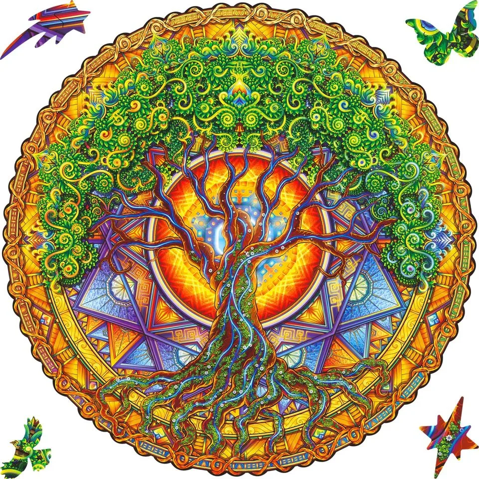 A circular mandala artwork of a tree of life with a lush green canopy, twisting brown and blue roots, and a glowing orange sun behind it, framed by ornate golden patterns.