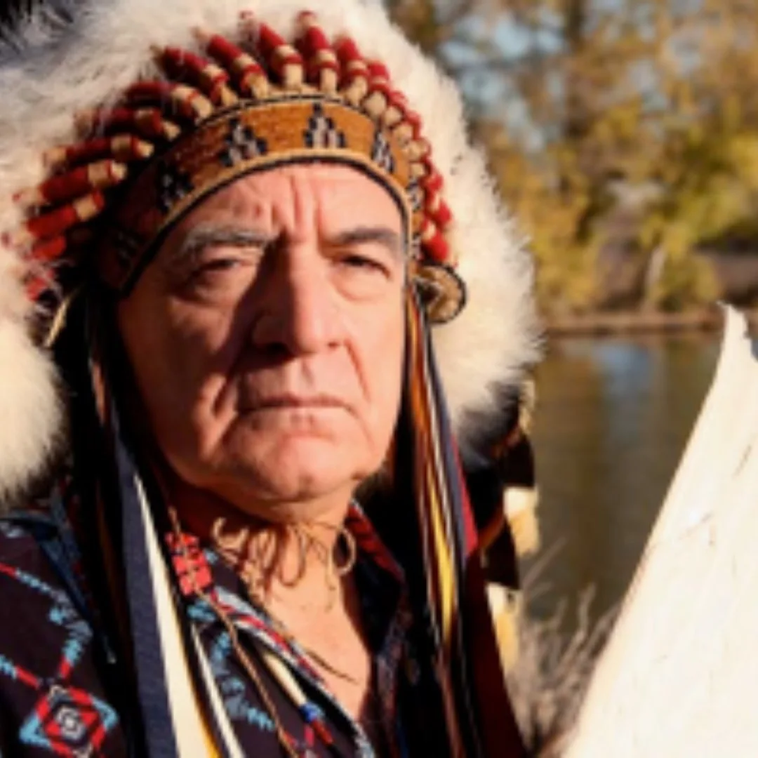 An elder in a red, white and beaded feather headdress and patterned shirt, standing outdoors beside water with autumn trees behind him.