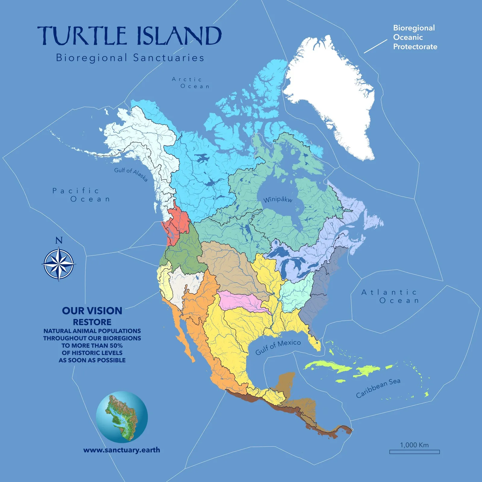 Map titled Turtle Island Bioregional Sanctuaries showing North America divided into colored bioregions and watersheds, with a vision to restore animal populations to over 50% of historic levels.