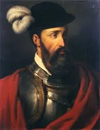 Painted portrait of a bearded Spanish conquistador in a black hat with a white plume, wearing steel armor and a red cloak.