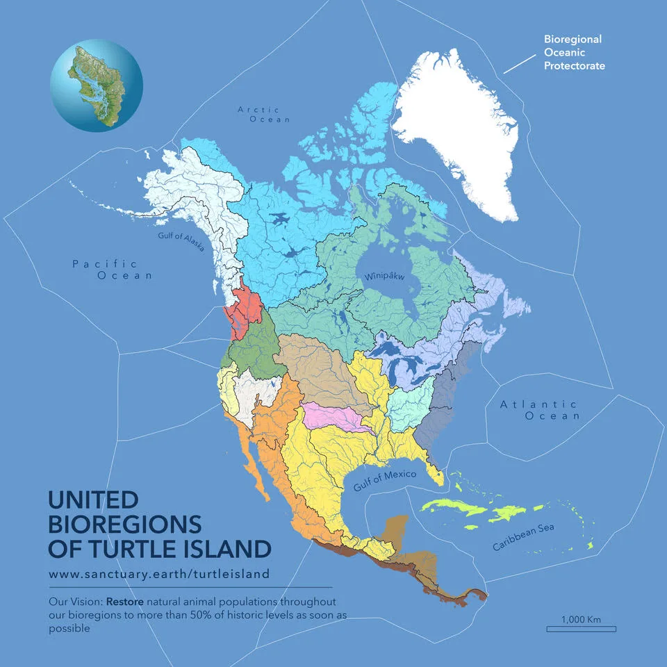 Colour-coded map titled "United Bioregions of Turtle Island" showing North America divided into bioregions with rivers, and a vision to restore animal populations to over 50% of historic levels.
