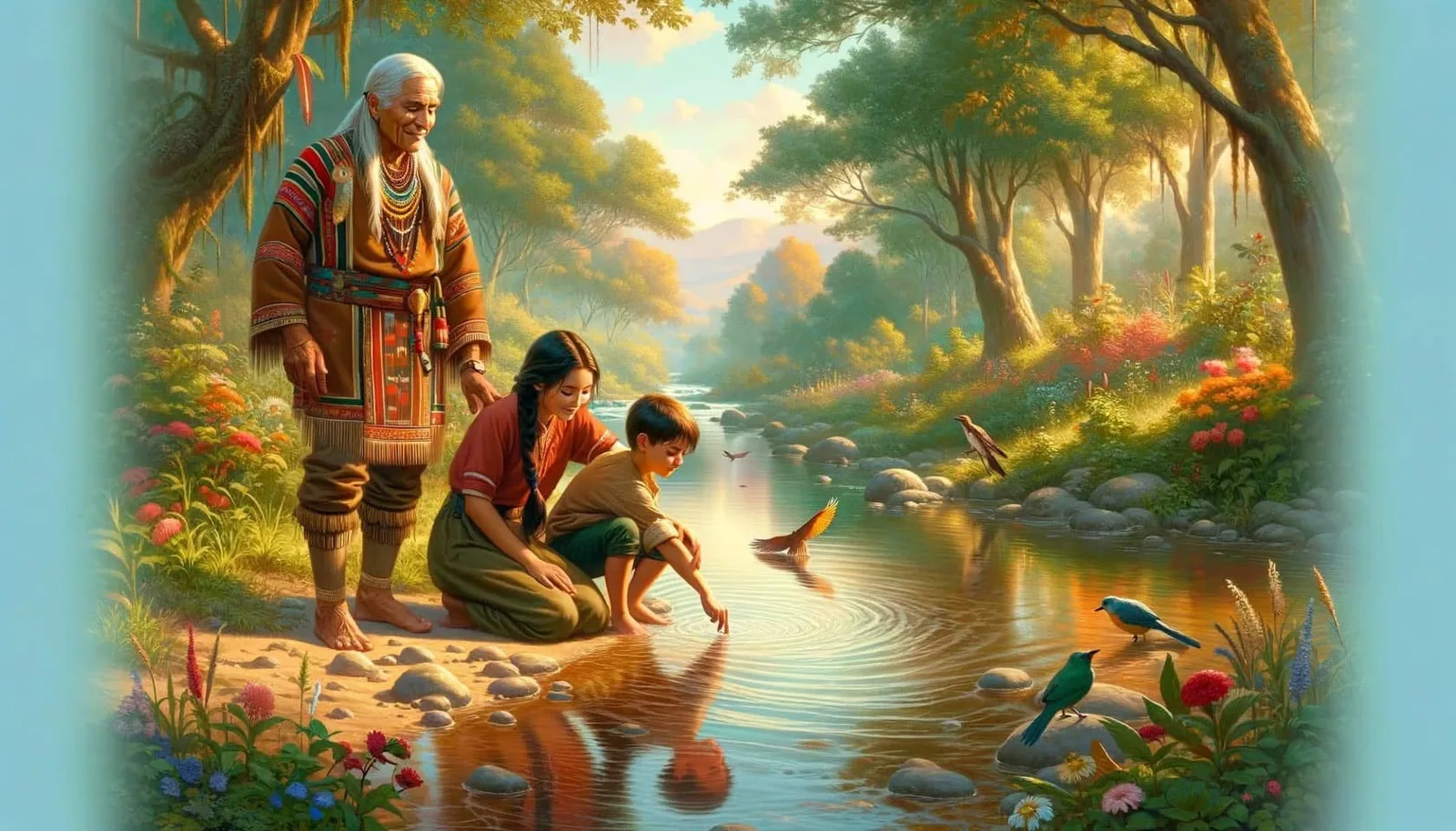 Painting of an elder with long white hair in traditional dress standing by a forest stream as a young woman and a boy kneel, the boy touching the water and making ripples, with birds nearby.