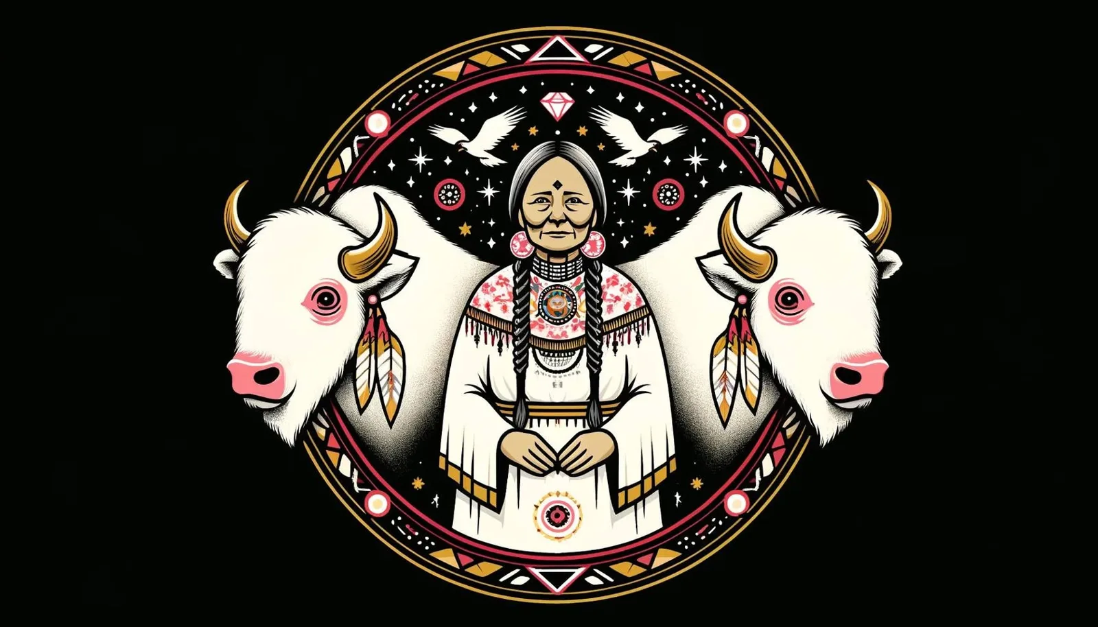 Illustration of an elder woman in a white beaded dress with long braids, standing between two white buffalo with feathers on their horns, inside a circle of stars, eagles and a diamond.