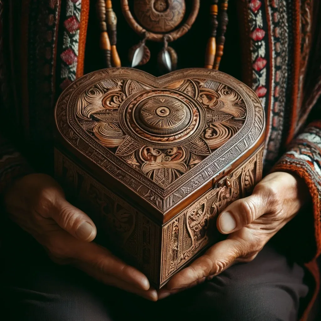 Weathered hands holding an intricately carved heart-shaped wooden box with a sun-like center, in front of a patterned woven garment and beaded ornaments.