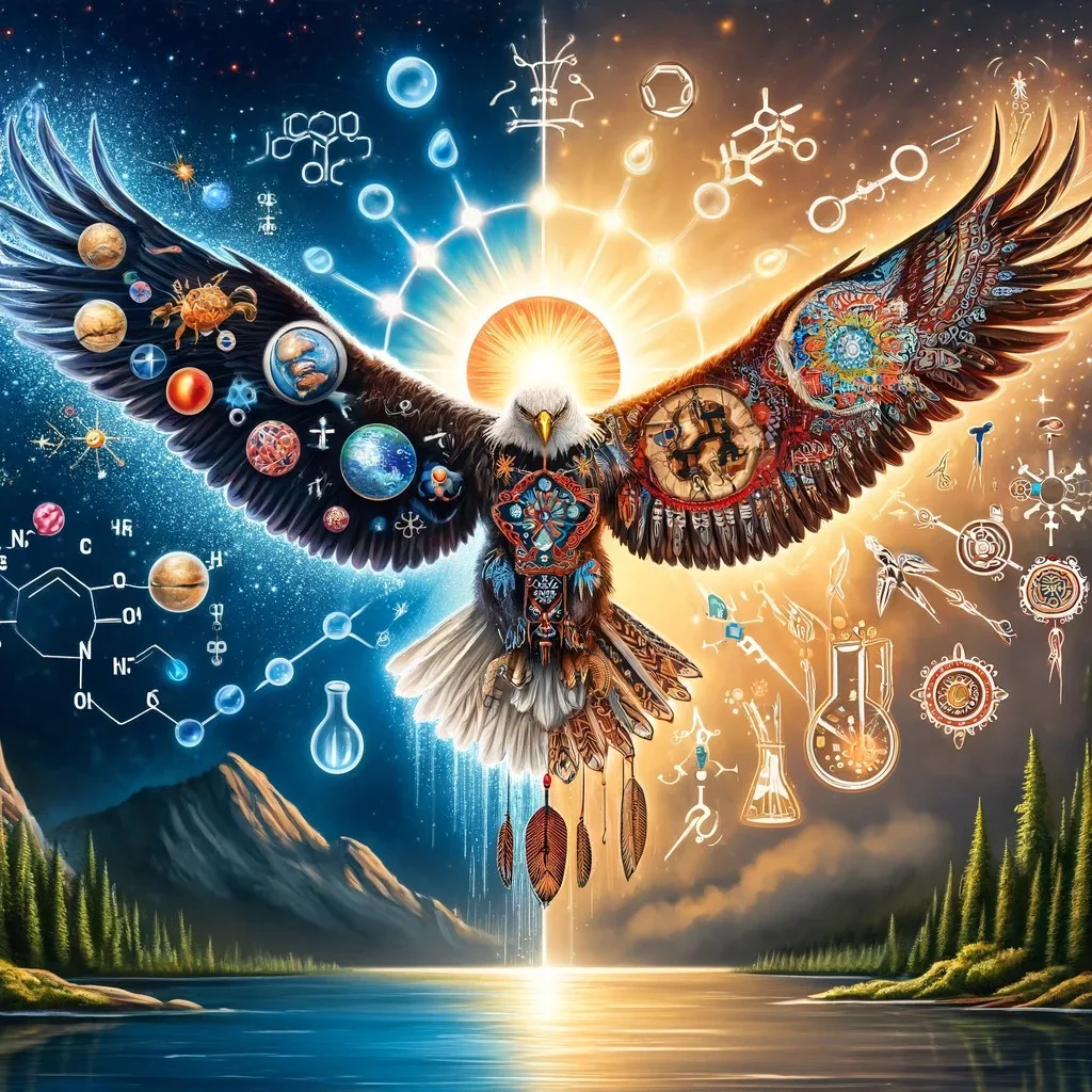 Painting of an eagle with outstretched wings before a glowing sun. One wing holds planets and chemical symbols on a starry blue sky; the other holds Indigenous designs on a golden sky, above a lake.