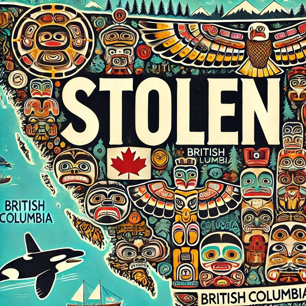 Colorful illustrated map of the British Columbia coast covered in Northwest Coast-style masks, totem figures and a thunderbird, with the word "STOLEN" in large letters, a Canadian flag, an orca and a sailing ship.