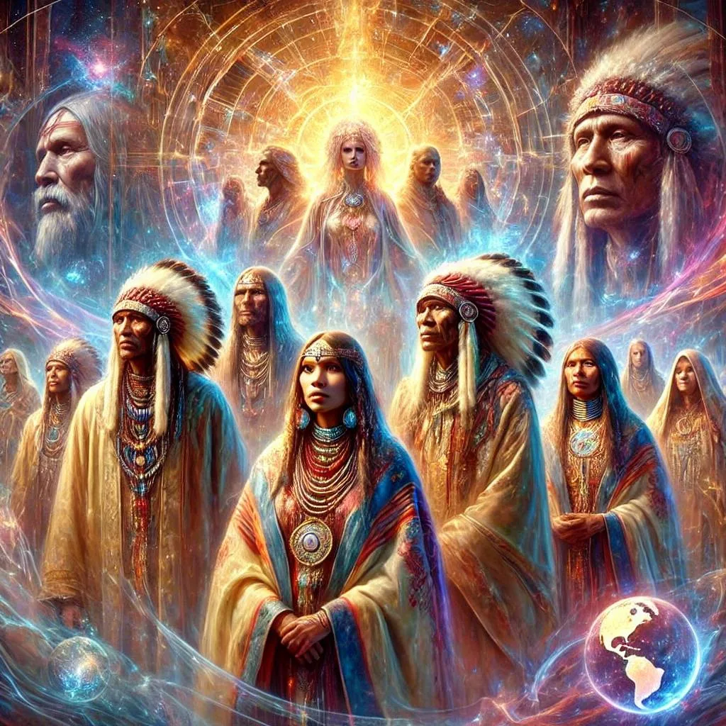 Digital painting of Indigenous elders in feathered headdresses and women in beaded robes standing in cosmic light, with a glowing spirit figure above and a small Earth globe below.