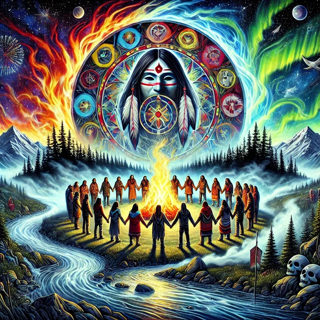 Painting of people holding hands in a circle around a fire beside a river and forest, beneath a face with feathers inside a medicine-wheel circle, flanked by flames and northern lights.