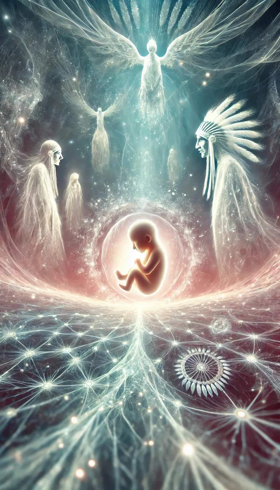 Ethereal artwork of a glowing embryo in a luminous sphere, surrounded by spirit figures including an elder in a feather headdress, with a winged being above and a web of light below.