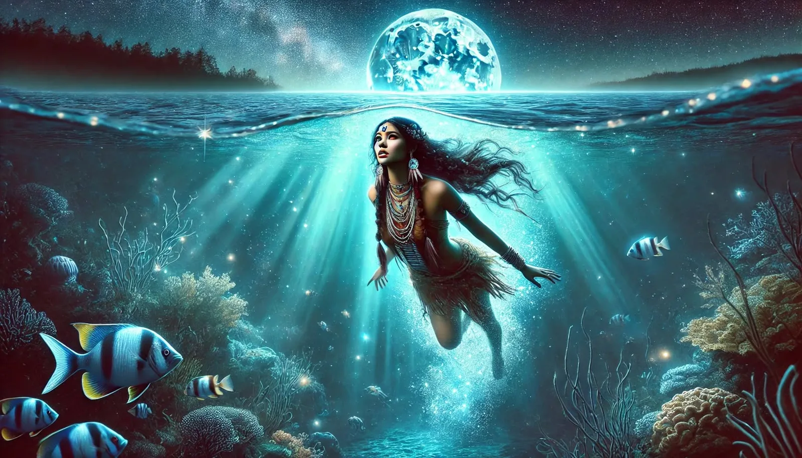 Digital painting of an Indigenous woman in beaded necklaces and a fringed garment swimming upward through glowing turquoise water toward a full moon, with fish and coral around her.
