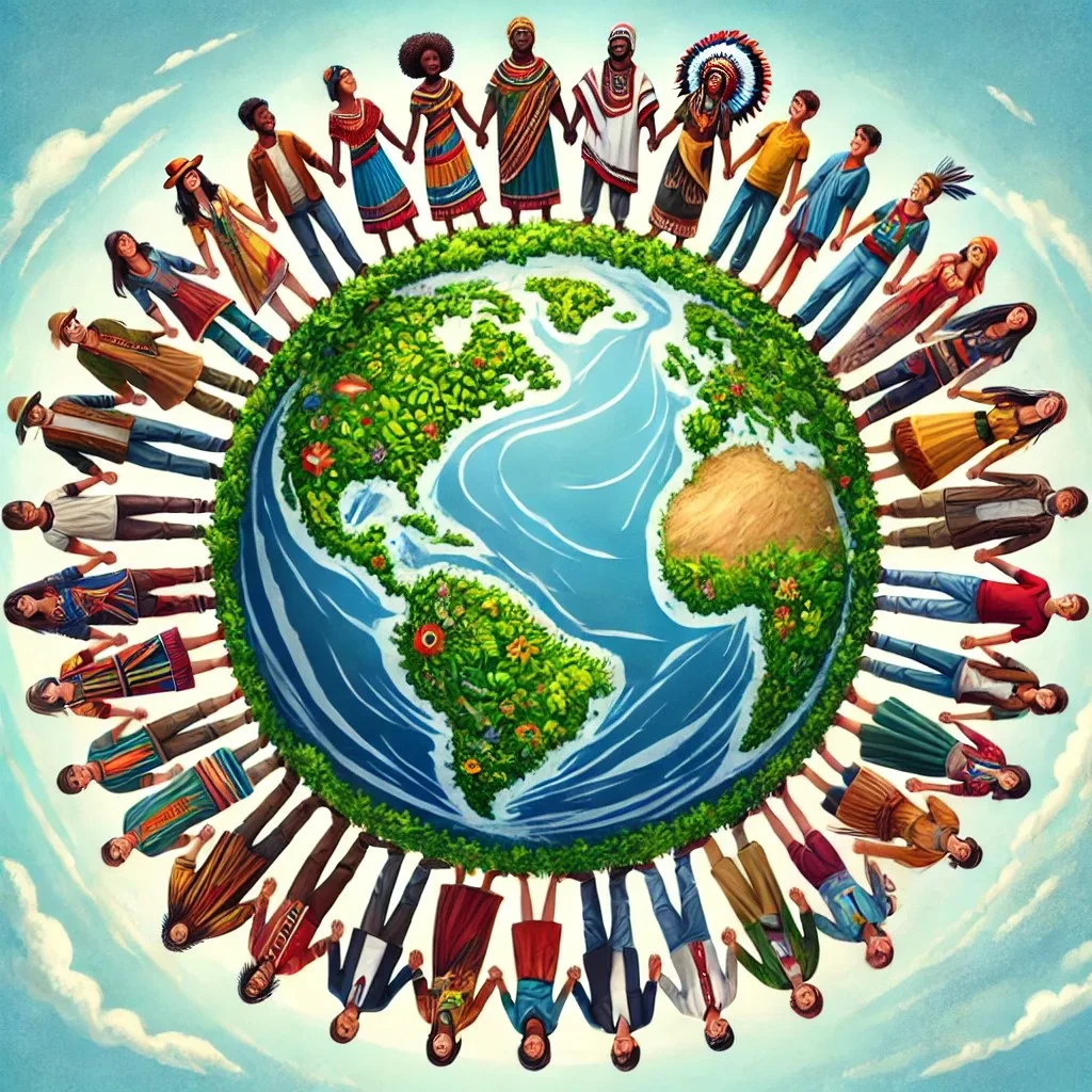 Illustration of diverse people in traditional and everyday clothing, including an elder in a feather headdress, holding hands in a circle around a green, flowering Earth.