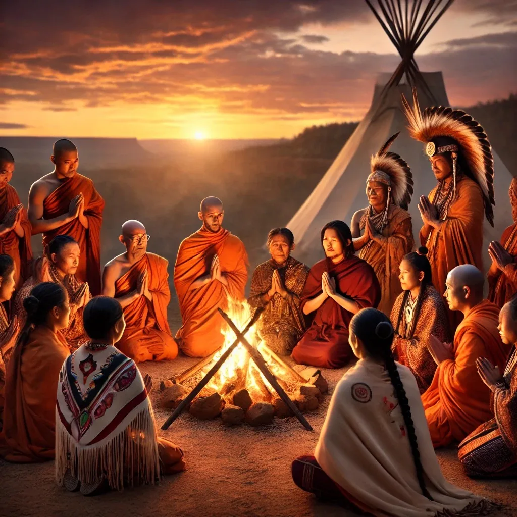 Buddhist monks in saffron robes and Indigenous people in feather headdresses and fringed shawls kneel around a fire with hands in prayer, a tipi behind them at sunset.