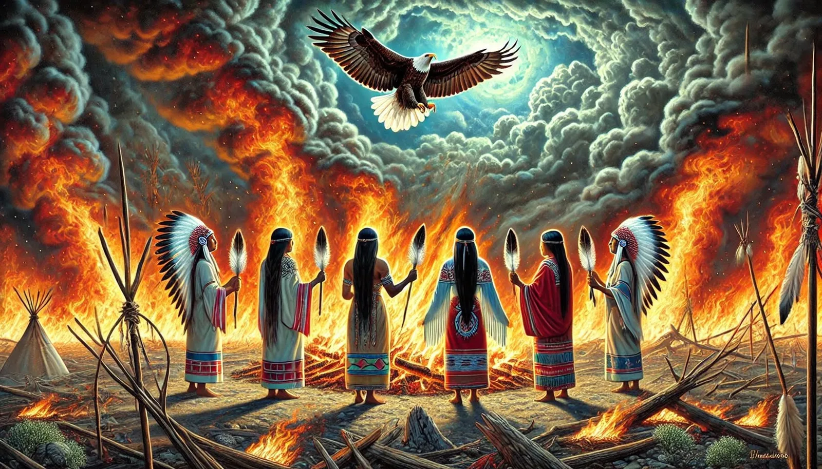 Painting of six Indigenous people in traditional dress, two in feather headdresses, holding eagle feathers in a circle around a fire amid flames and smoke, an eagle soaring above.