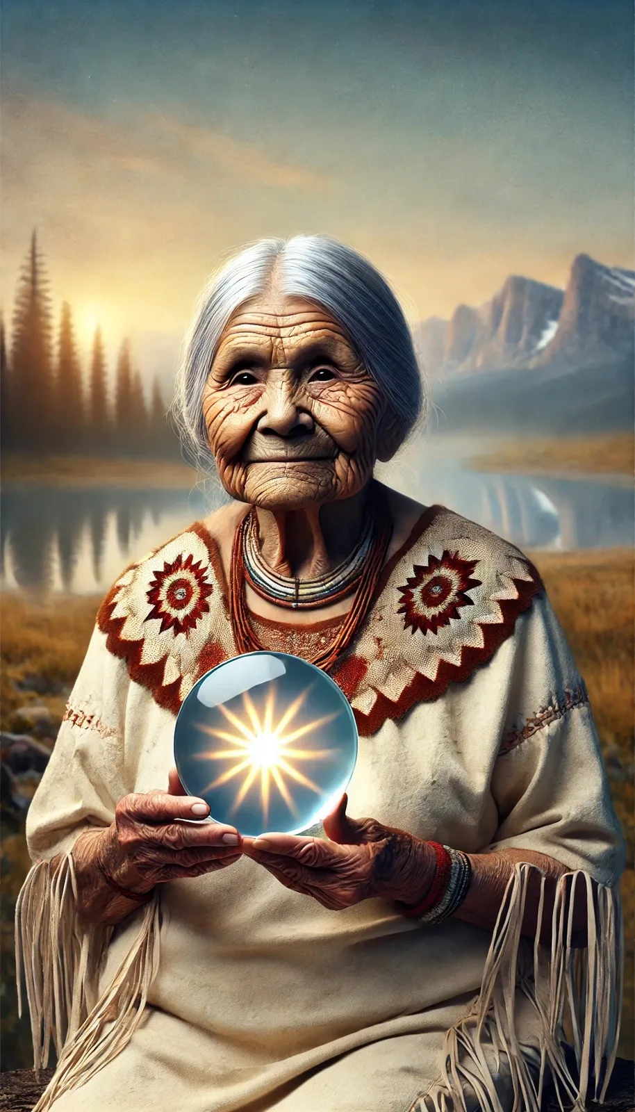 An elderly Indigenous woman with silver hair, in a fringed buckskin dress with red embroidery, holds a clear sphere glowing with a starburst of light before a lake and mountains at sunrise.