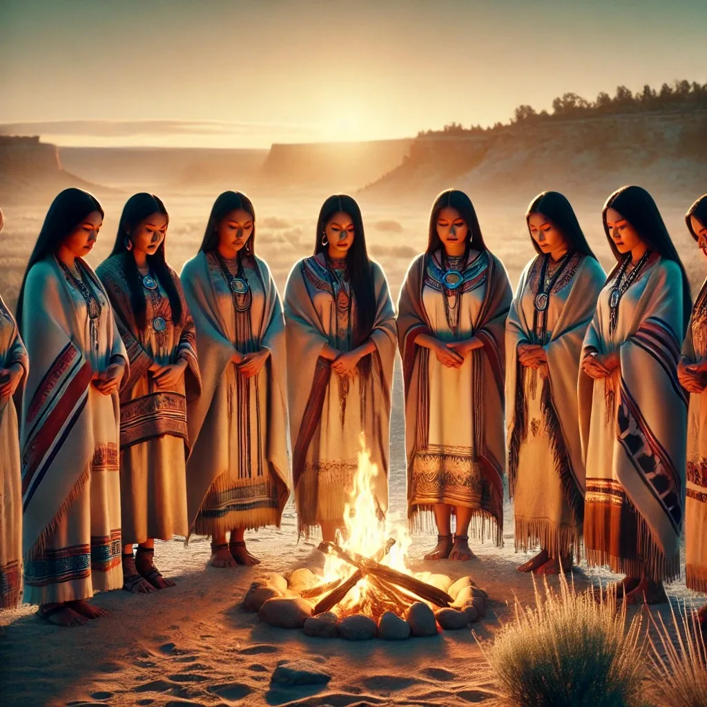 A circle of Indigenous women in fringed shawls and turquoise necklaces stand with heads bowed around a small fire ringed with stones, in a desert landscape at sunset.