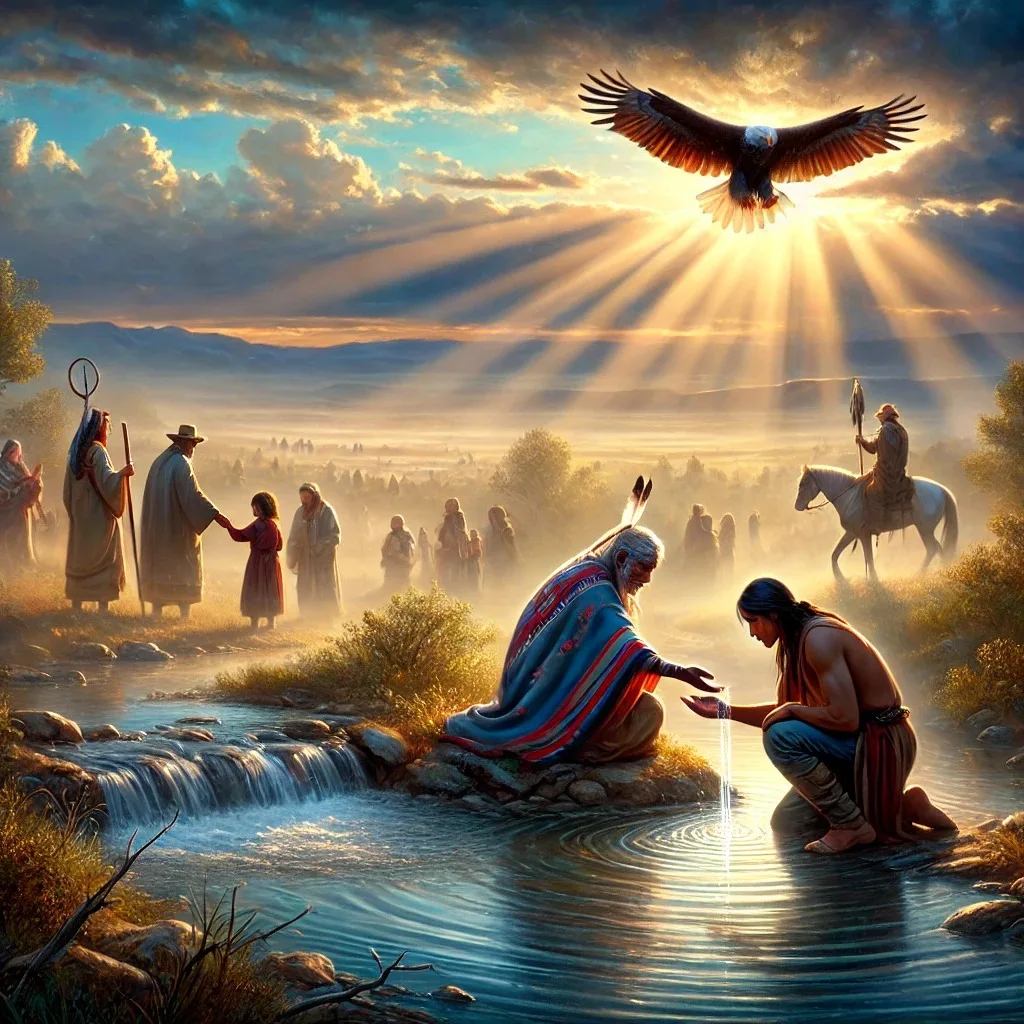 Painting of an elder in a striped blanket pouring water into the hands of a kneeling young man by a stream, as an eagle soars in sunbeams above people gathered in the misty plain.