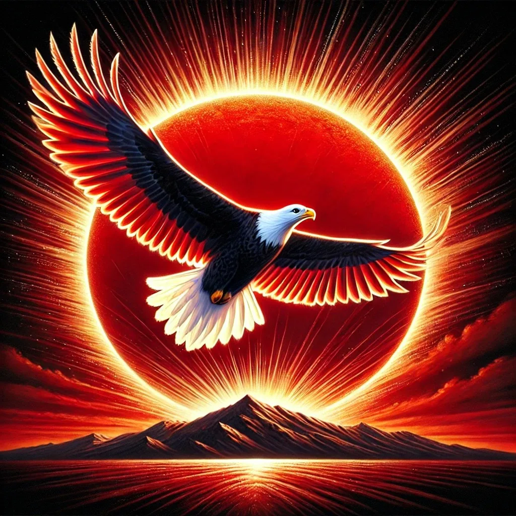 Pintura de un águila calva con las alas extendidas en vuelo frente a un enorme sol rojo que irradia rayos de luz sobre una cordillera oscura.