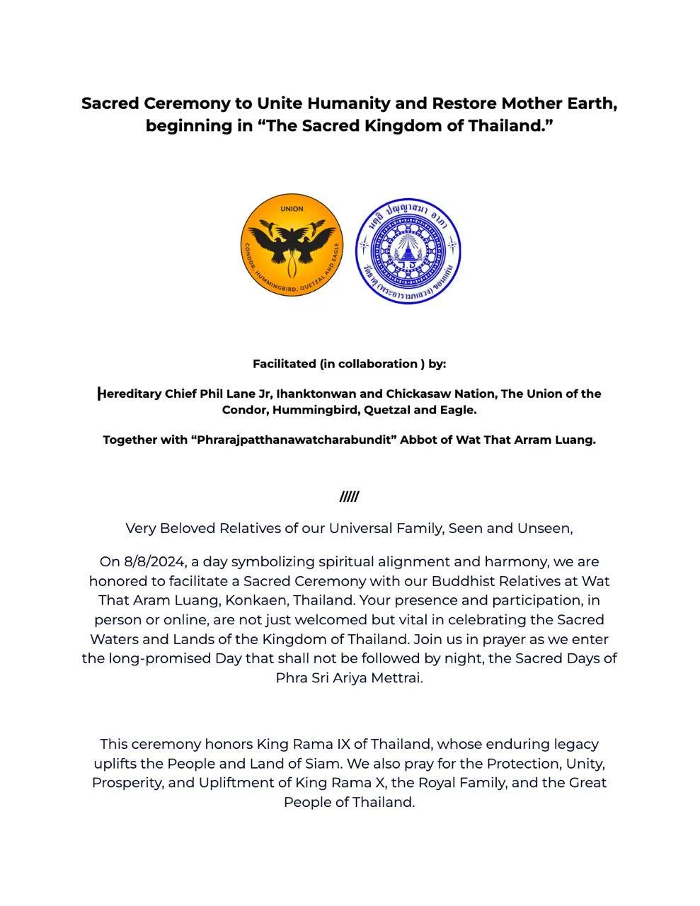 Invitation headed "Sacred Ceremony to Unite Humanity and Restore Mother Earth" with two emblems, announcing an 8/8/2024 ceremony at Wat That Aram Luang, Khon Kaen, honoring King Rama IX.