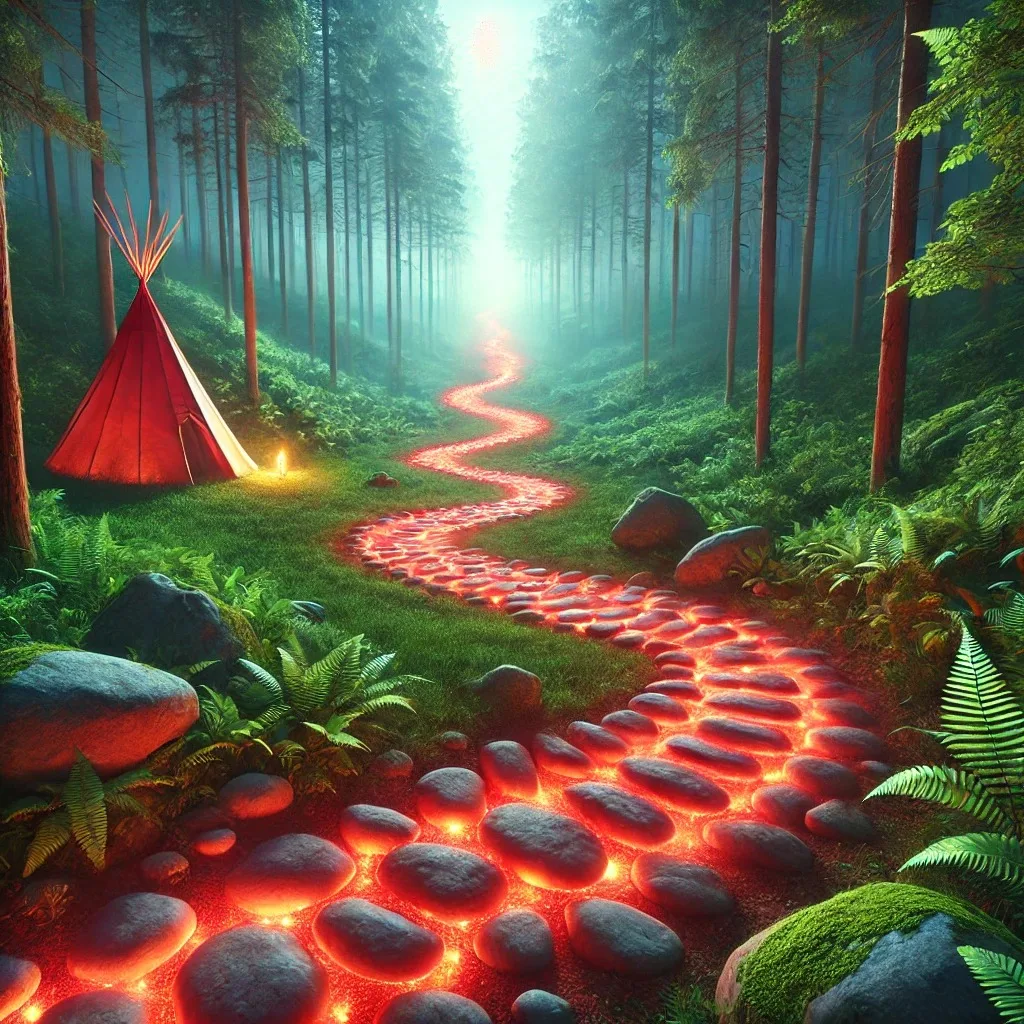 A winding path of glowing red stones leads through a misty green forest of tall trees and ferns, past a red tipi with a small light beside it.