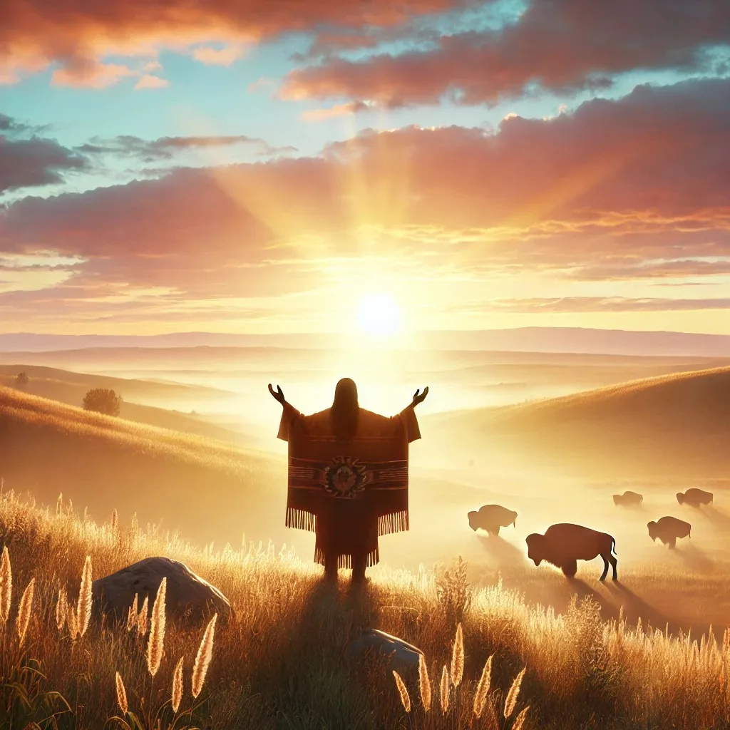 A figure with long hair in a fringed blanket robe stands with arms raised toward a radiant sunrise over misty golden prairie hills, with buffalo grazing nearby.
