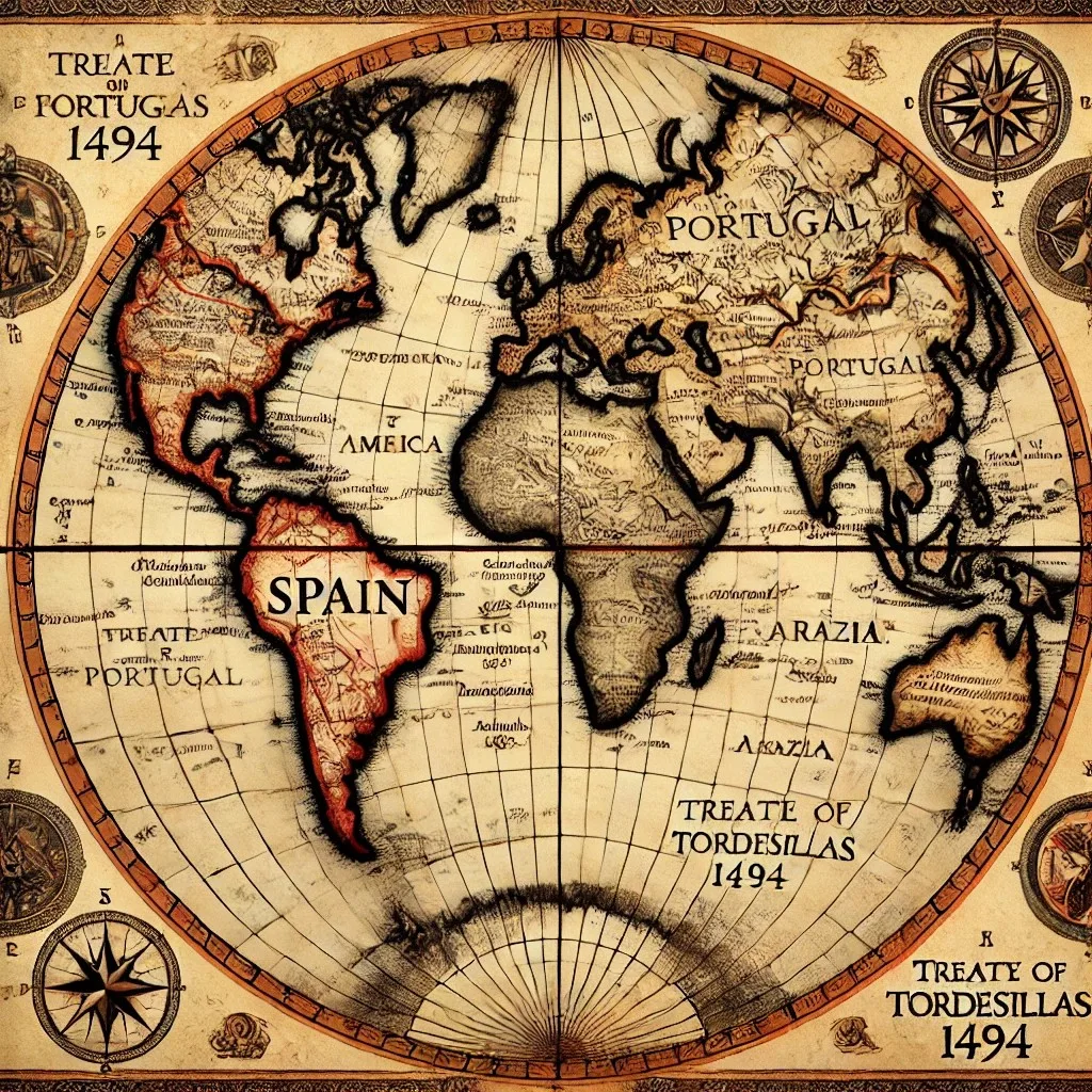 Antique-style world map divided by a vertical line, with South America labeled Spain and Europe and Asia labeled Portugal, captioned Treaty of Tordesillas 1494, framed by compass roses.