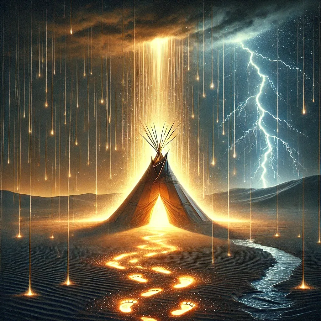 Digital painting of a glowing tipi on dark sand beneath streams of golden light falling from storm clouds, with lightning to one side and luminous footprints leading to its doorway beside a stream.