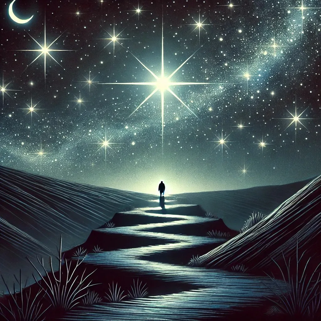 Illustration of a lone figure walking a winding path between dark hills toward a bright star in a night sky filled with stars, the Milky Way and a crescent moon.