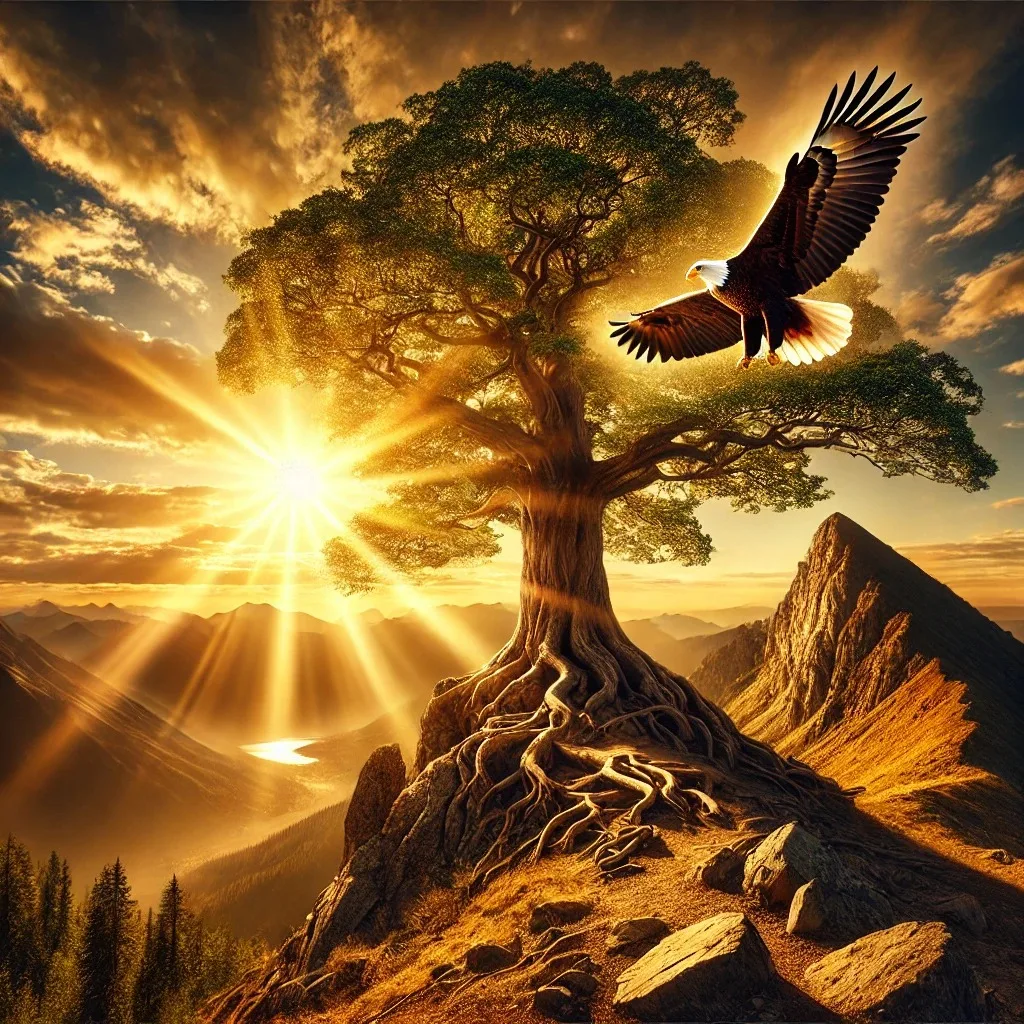 A bald eagle with outstretched wings flies beside an ancient tree whose roots grip a rocky mountaintop, as golden sunlight bursts over distant peaks and a lake.