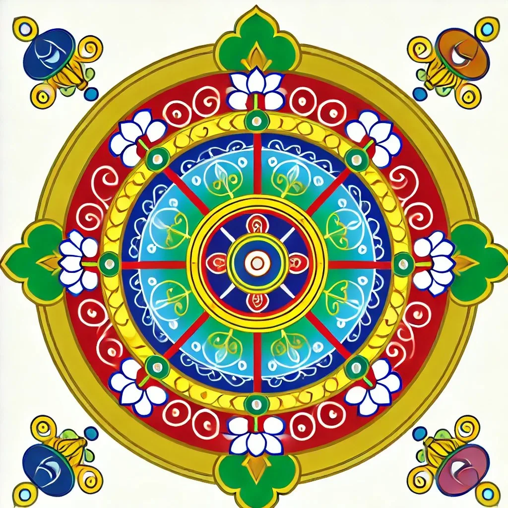 A colorful circular mandala resembling an eight-spoked Dharma wheel in red, blue, green and gold, ringed with white lotus flowers and swirling patterns, with ornaments in each corner.