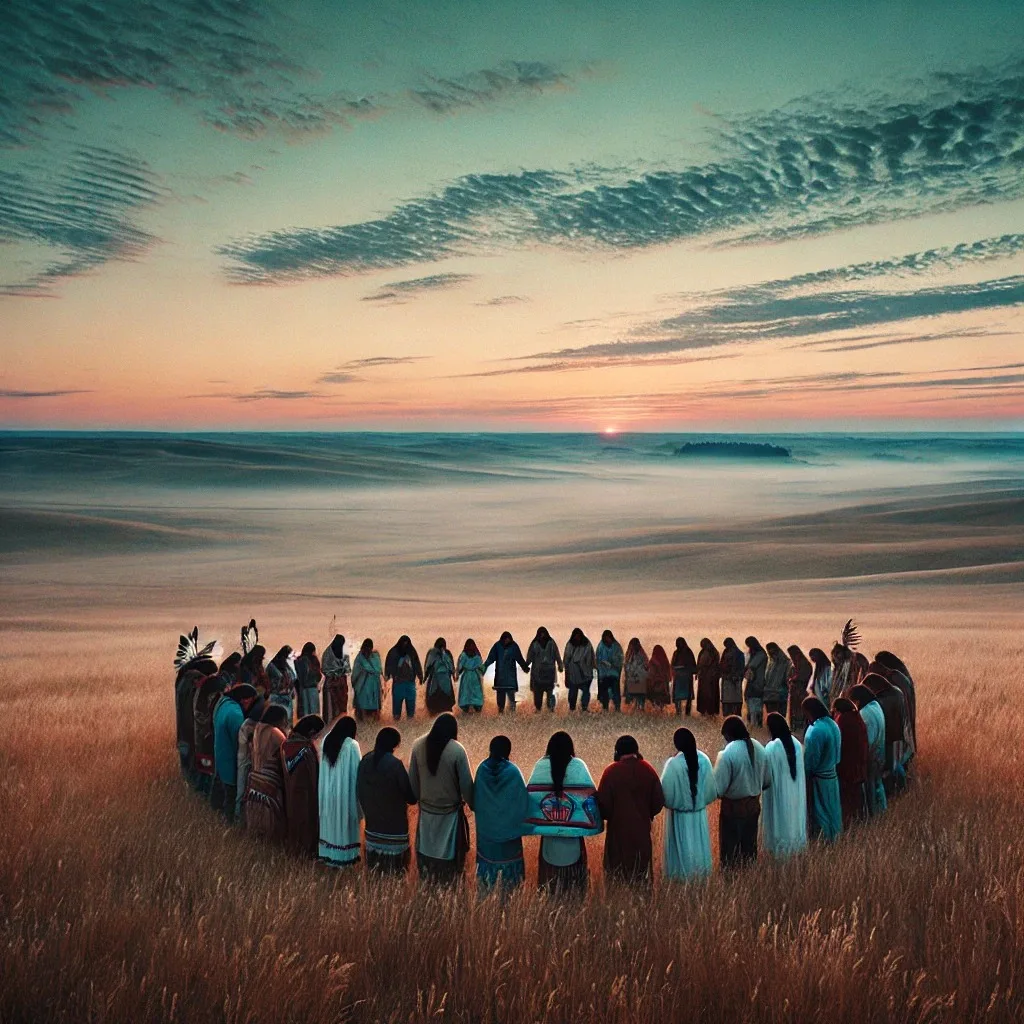 A large circle of Indigenous people in traditional clothing and blankets, some with feathers, stand hand in hand with heads bowed on a misty prairie at sunrise.