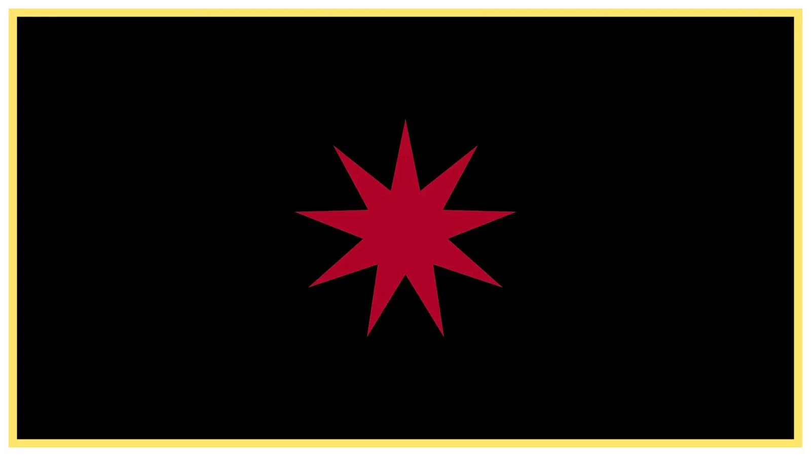 A red nine-pointed star centred on a black background, framed by a yellow border.