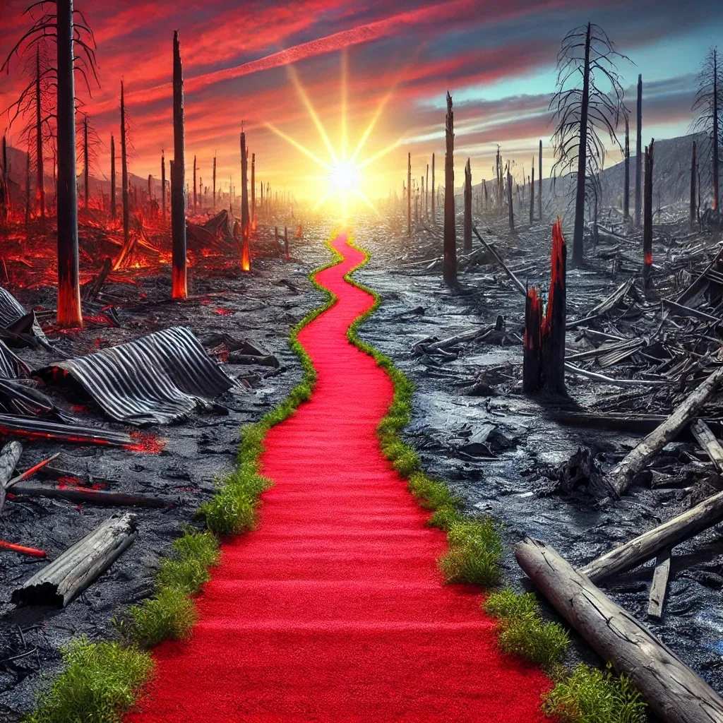 A bright red path edged with green grass winds through a burned, devastated forest of charred trees and debris toward a radiant sun on the horizon under a red sky.