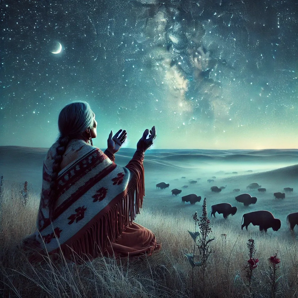 An elder with a long gray braid, wrapped in a patterned fringed shawl, kneels in prairie grass with raised hands beneath a starry night sky and crescent moon as bison graze nearby.