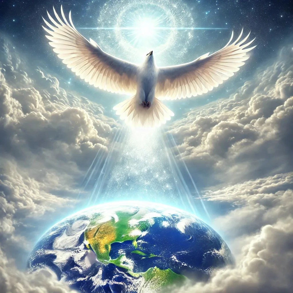 A glowing white bird with outstretched wings soars above the clouds toward a radiant light, with beams shining down onto planet Earth below.
