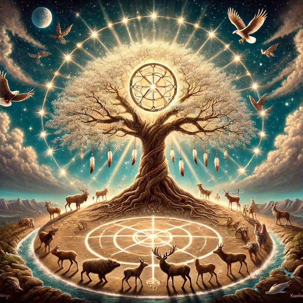 Painting of a great glowing tree on a hill under a starry sky, a medicine wheel in its branches and feathers hanging, encircled by deer, elk and other animals, with eagles flying above.