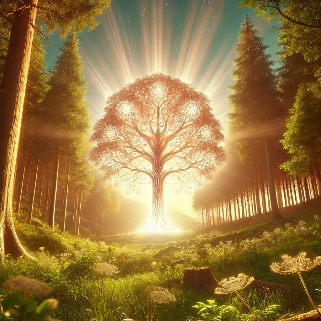 A glowing tree with swirling, luminous branches stands in a sunlit forest clearing, rays of golden light radiating behind it above green grass and wildflowers.
