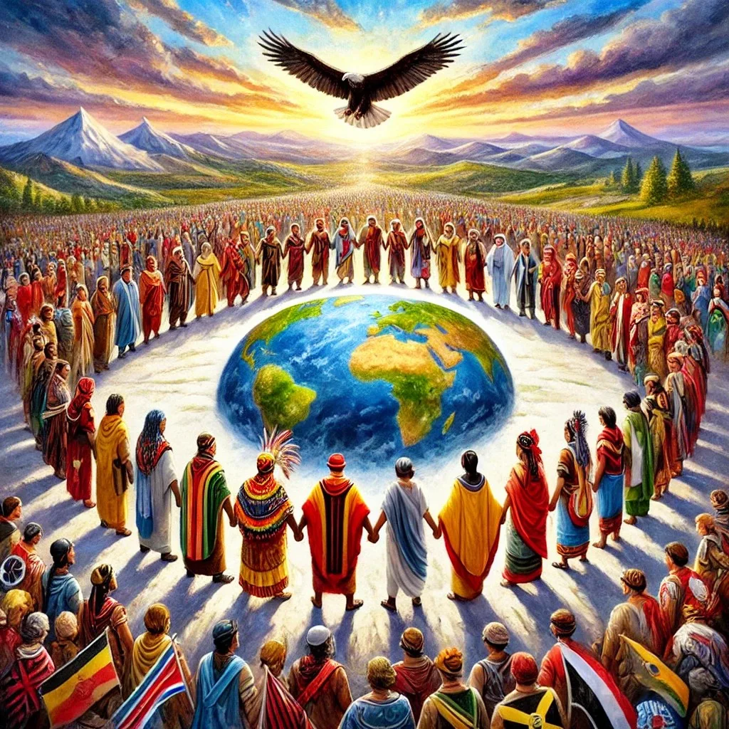Painting of people from many cultures in colorful traditional dress holding hands in a circle around a glowing Earth, with crowds beyond, mountains at sunrise and an eagle soaring above.
