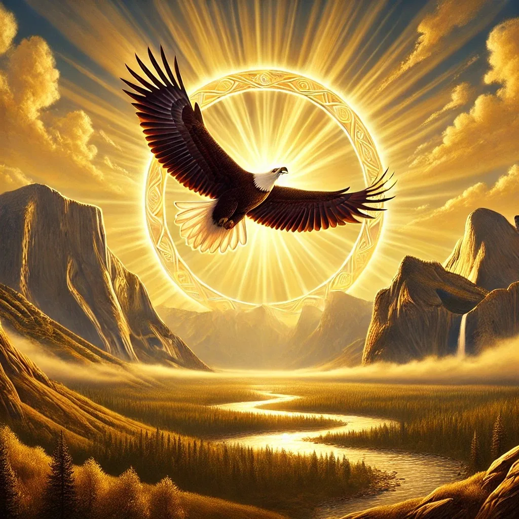 A bald eagle with outstretched wings soars before a glowing golden ring and radiant sun above mountains, a waterfall and a winding river through misty forest.