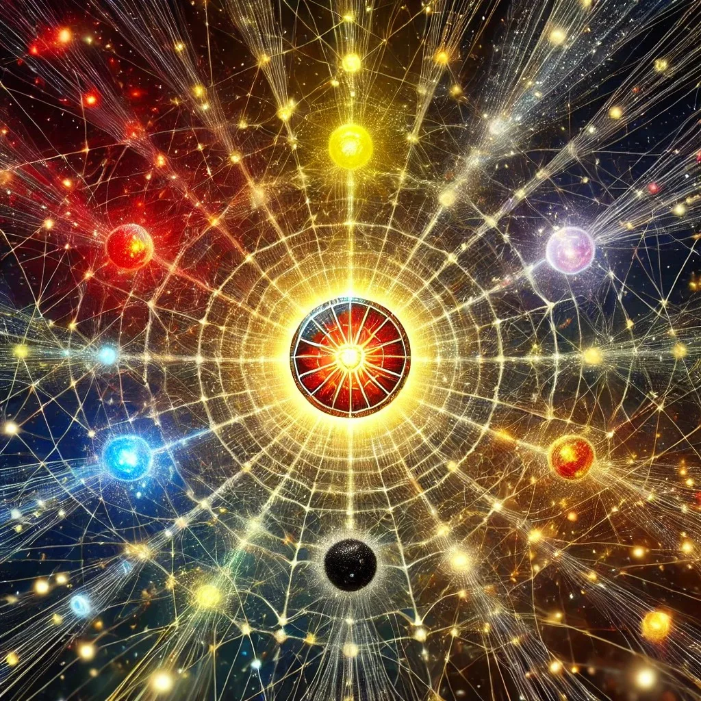 A cosmic web of glowing golden threads radiating from a central sun-like disc, linking red, yellow, white, blue, orange and black orbs against a starry sky.