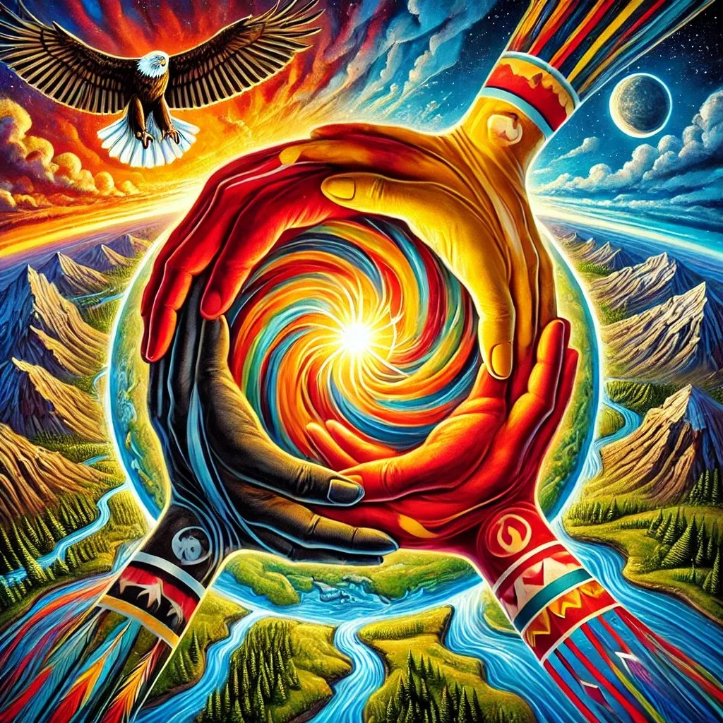 Painting of four hands in black, red, yellow and white-gold forming a circle around a glowing rainbow spiral, with an eagle, mountains, rivers and a moon around them.