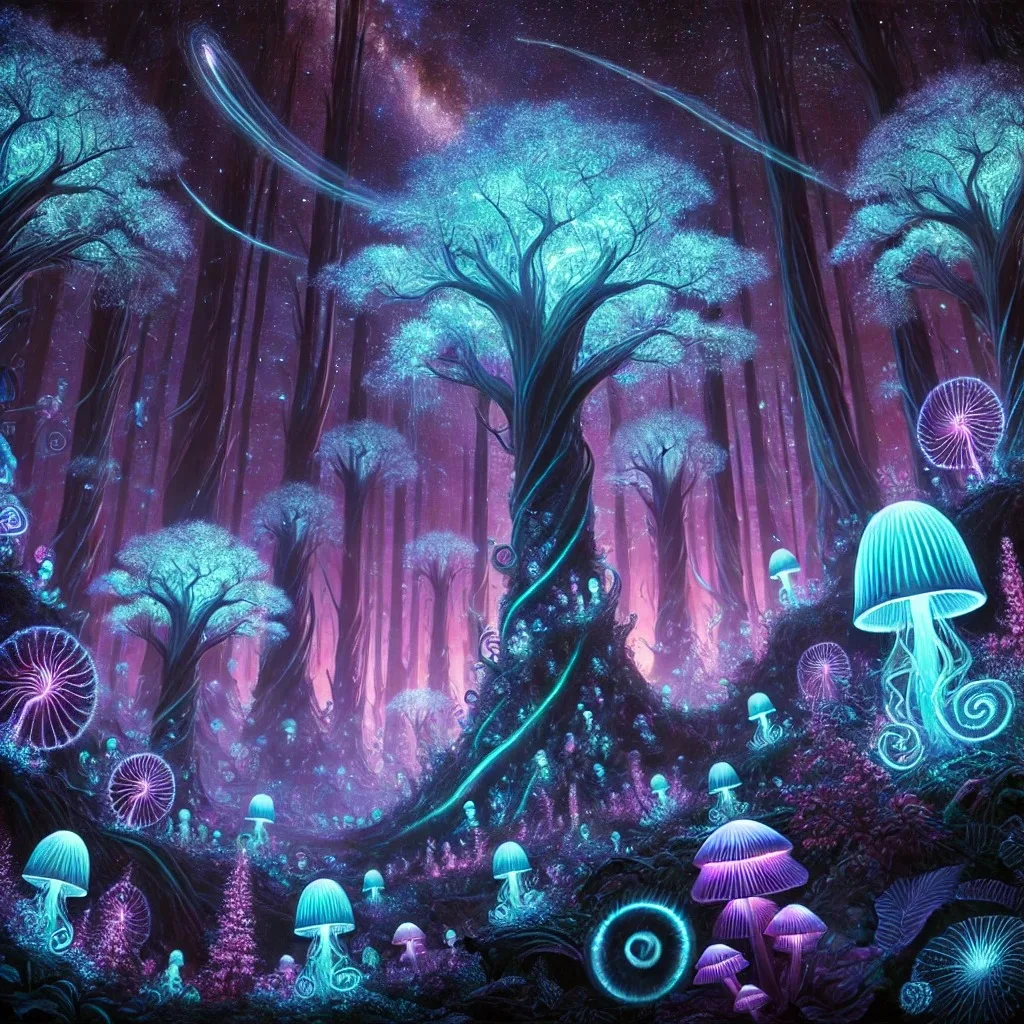 A glowing fantasy forest at night, with towering turquoise-lit trees, luminous jellyfish-like mushrooms and spirals beneath a starry purple sky.
