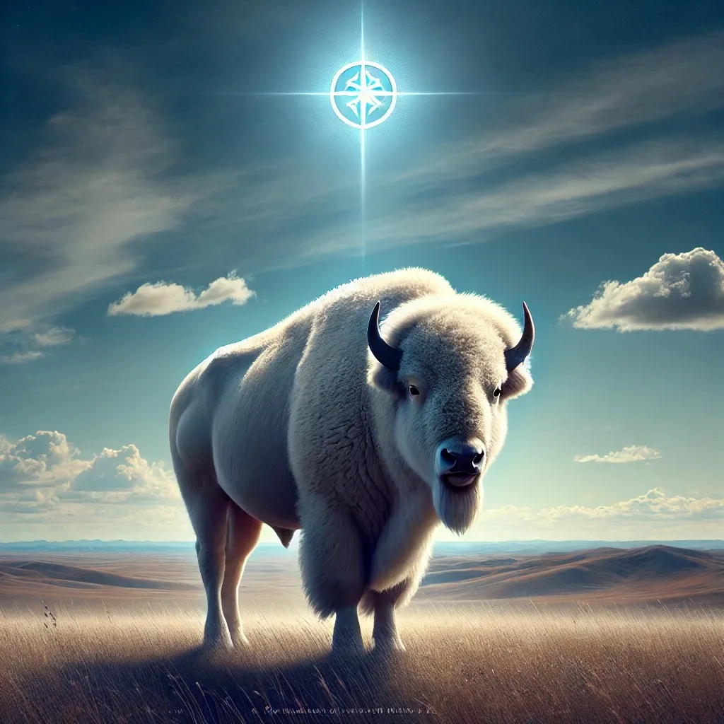 A white buffalo stands in golden prairie grass beneath a blue sky, with a glowing star-like symbol shining above it and rolling hills on the horizon.