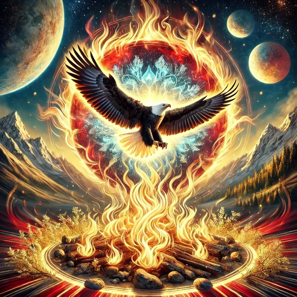 Painting of a bald eagle with outstretched wings rising from a sacred fire ringed by stones, framed by a fiery red circle, snowy mountains, and planets in a starry sky.