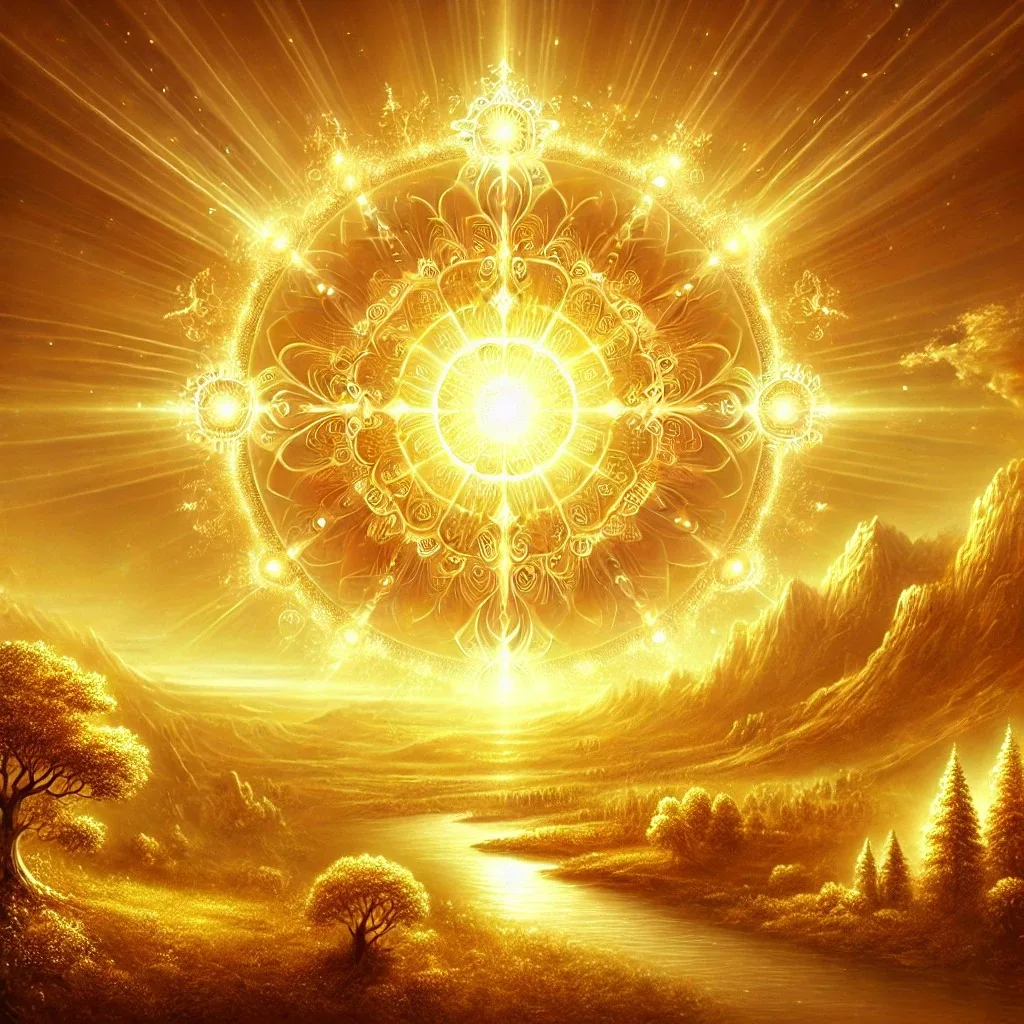 A radiant golden mandala of light glows in the sky above a luminous valley with a winding river, trees and mountains, all bathed in warm golden rays.