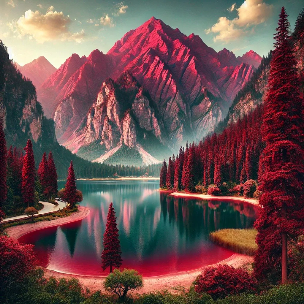 A landscape in vivid crimson tones: jagged red mountains rise above a still lake ringed by red evergreen trees and a curving pink shoreline beneath a soft sky.