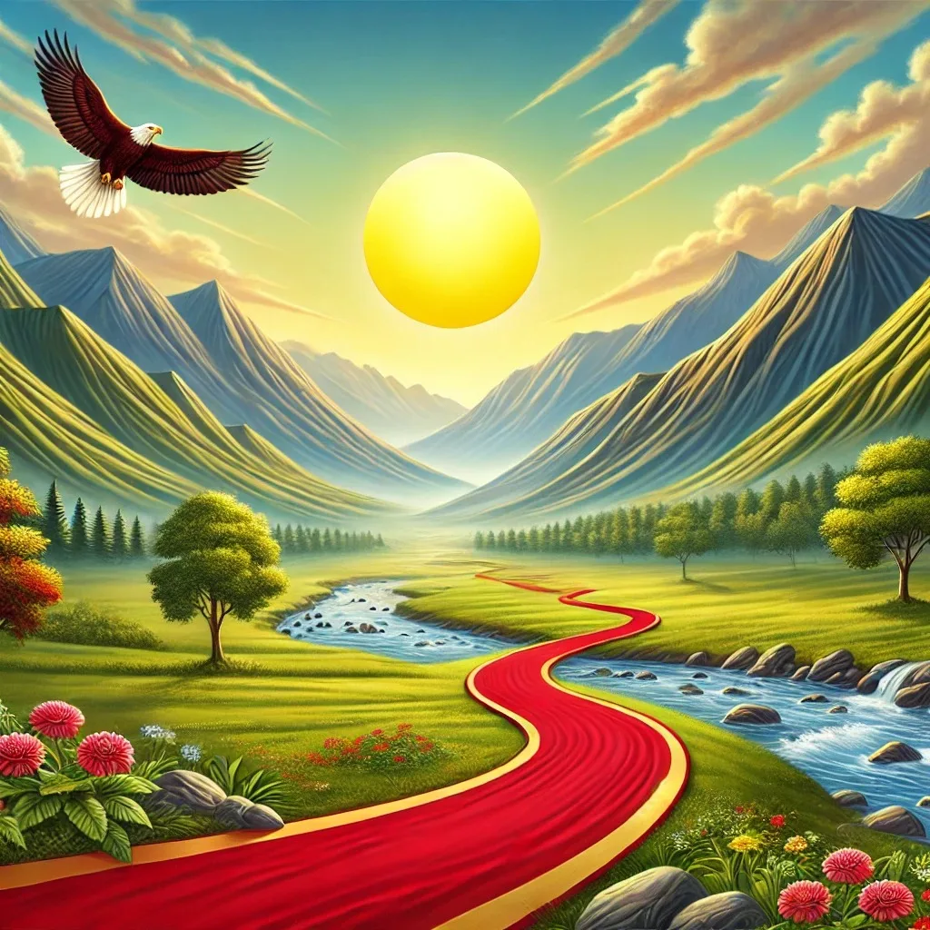 Painted landscape of a winding red road through a green valley beside a rocky river, with a bright yellow sun between mountains and an eagle soaring above.