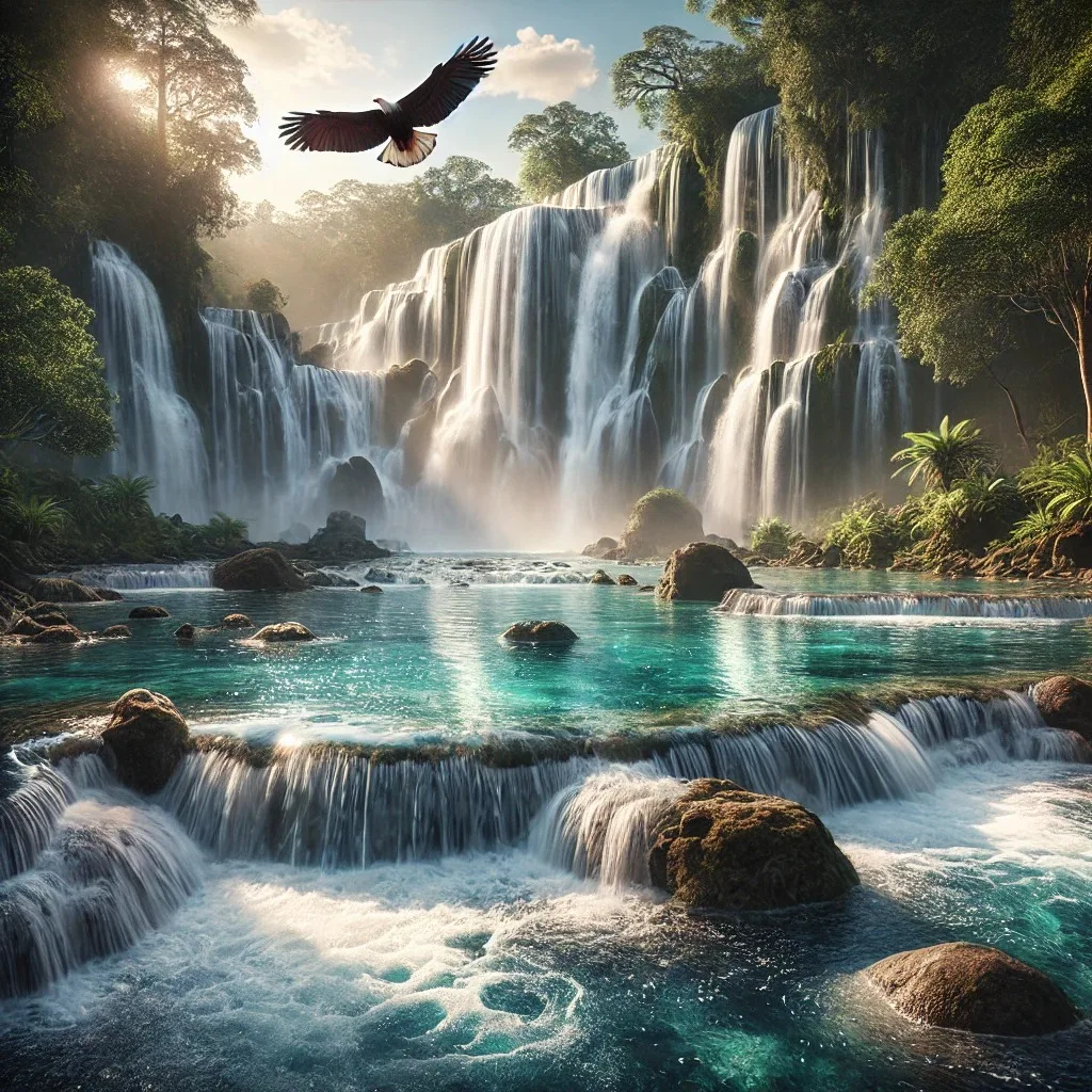 An eagle soars above a wide cascade of waterfalls pouring into turquoise pools, surrounded by lush green forest and sunlight streaming through mist.