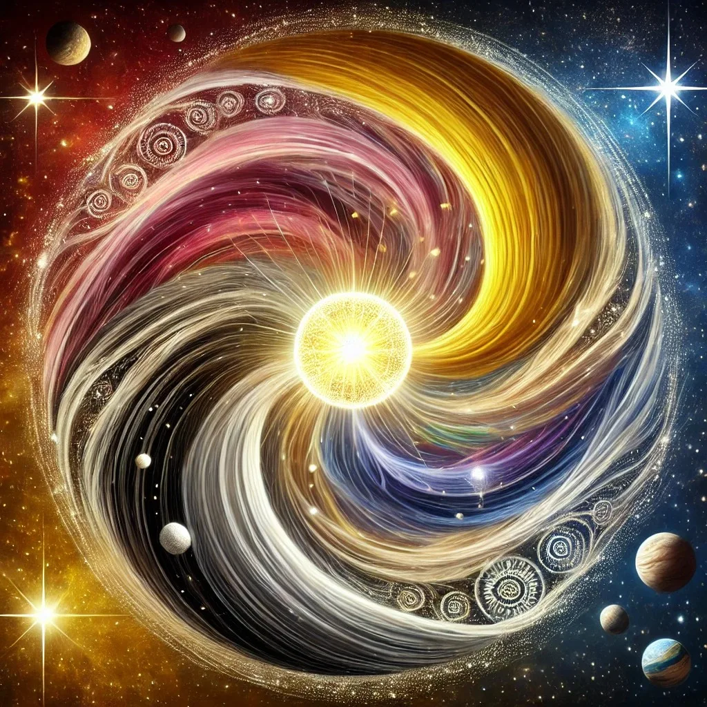 Cosmic artwork of a radiant sun at the center of swirling bands of gold, pink, white, black and blue, with planets, stars and spiral symbols around it.